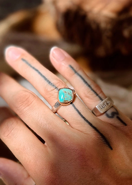 Kingman Turquoise Sterling Silver & 14k Gold Filled Ring SIZE 8