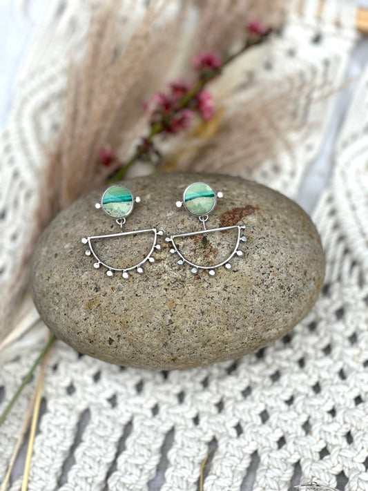 Half Moon Drop Earrings - Opalized Wood - Sterling Silver .925