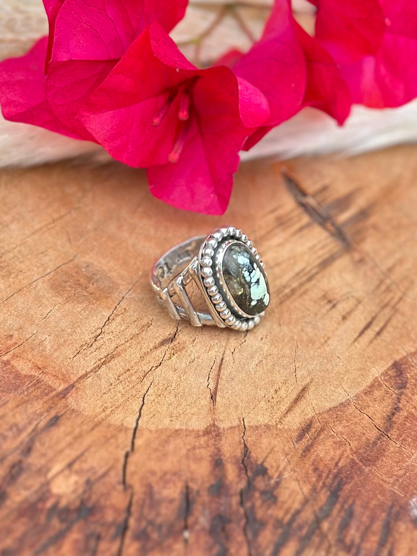 Chunky "Ladder Band" Ring - New Lander Variscite - Sterling Silver .925 SIZE 5